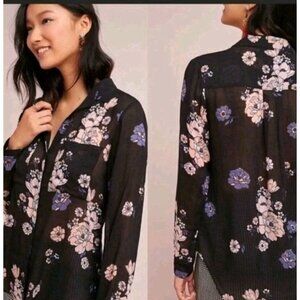 Cloth & Stone for Anthropologie Tavira Sheer Button Down Top Black Floral Large